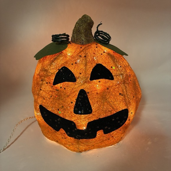 Spaghetti Spun Plastic Pumpkin Jack O Lantern Lights Up Halloween Holiday Decor - Picture 1 of 10